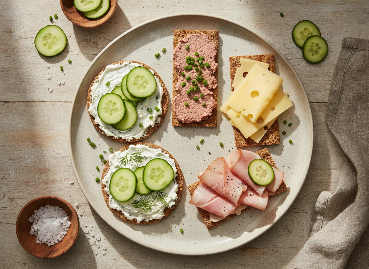 Knäckebrot mit verschiedenen Belägen und Gurken photo
