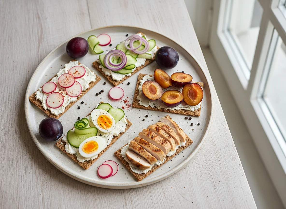 Knäckebrot mit verschiedenen Belägen und Obst photo