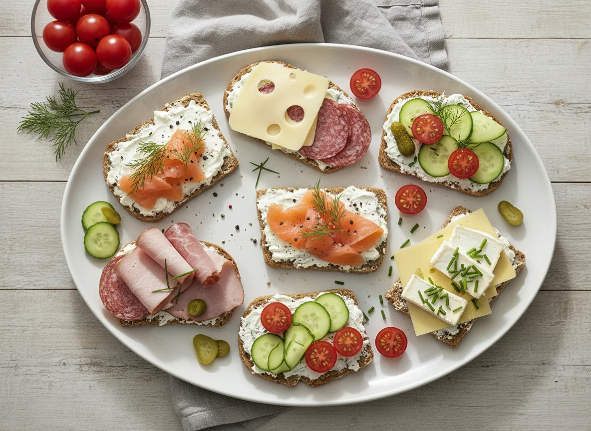 Knäckebrot mit verschiedenen Belägen und Tomaten photo
