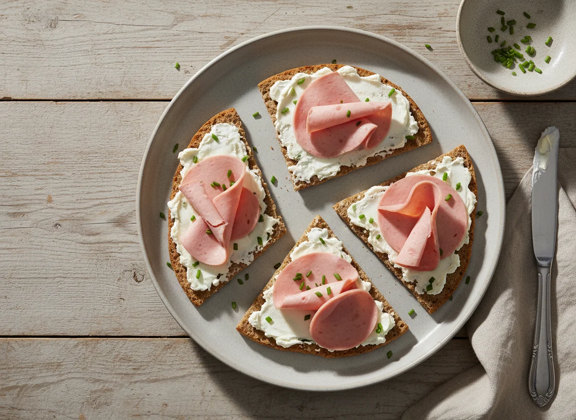 Knäckebrot mit Wurst und Frischkäse photo