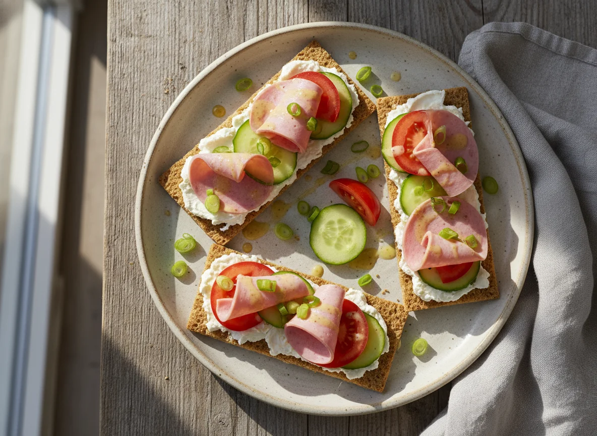 Knäckebrot mit Wurst und Gemüse photo