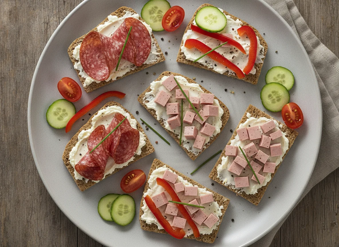 Knäckebrot mit Wurstaufschnitt und Gemüse photo