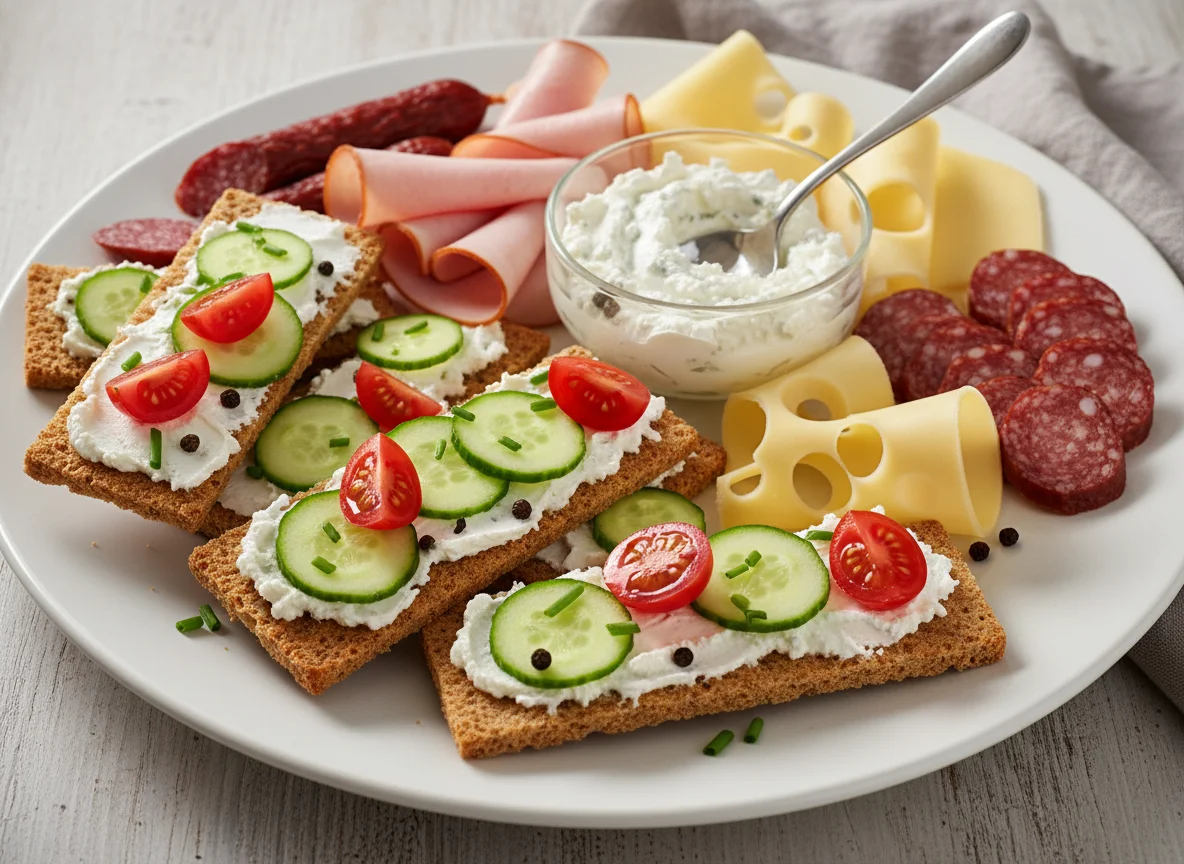 Knäckebrot-Jause mit Aufschnitt und Gemüse photo