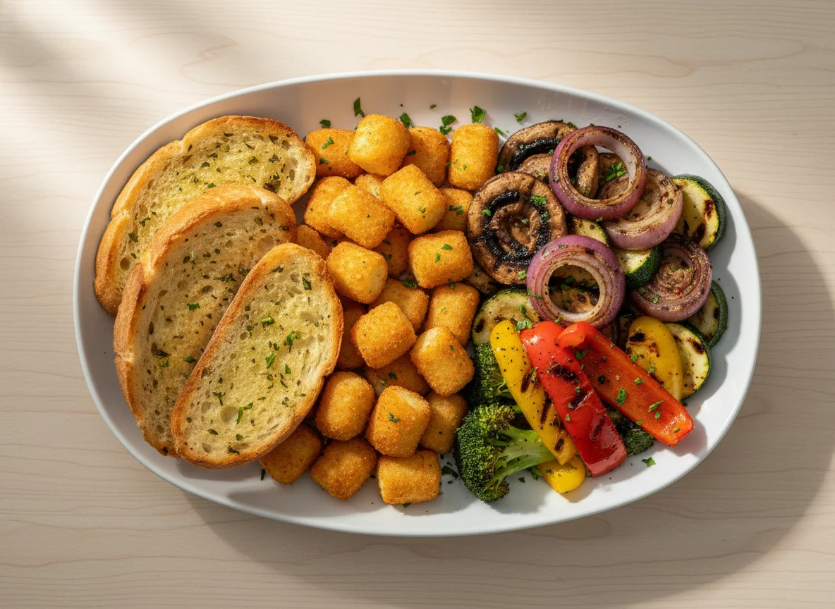 Knoblauchbrot mit gegrilltem Gemüse und Kroketten photo