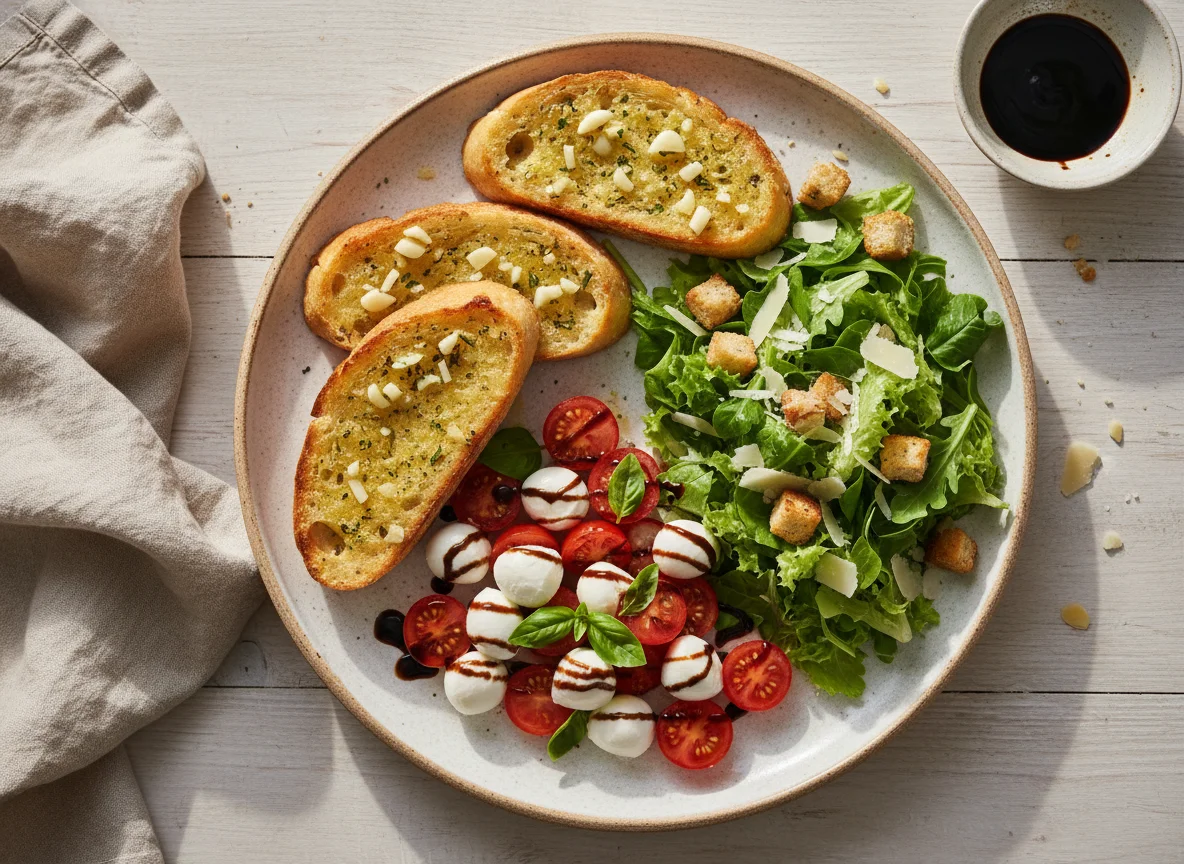 Knoblauchbrot, Tomaten-Mozzarella-Salat und grüner Salat photo