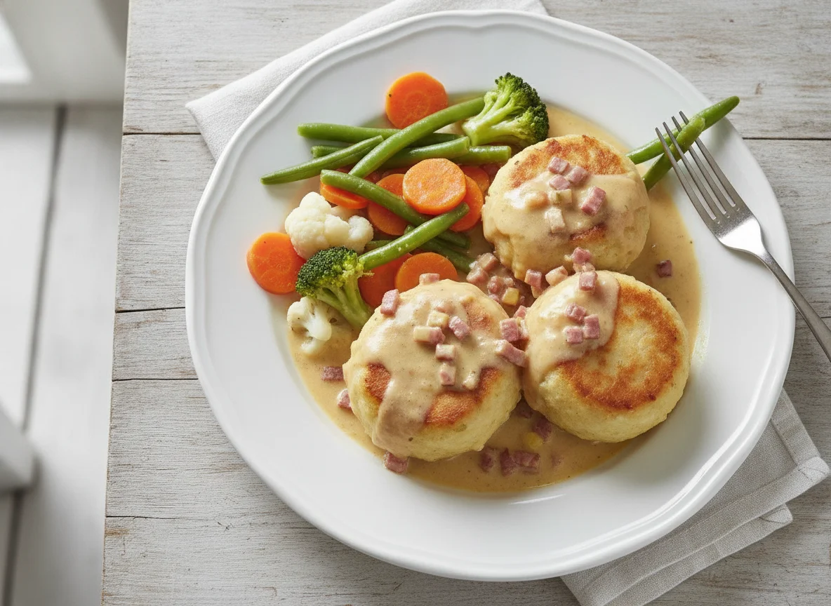 Knödel mit Gemüse und Sauce photo
