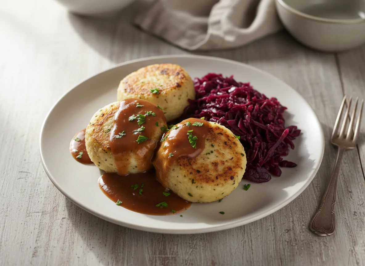 Knödel mit Rotkohl und Bratensoße photo