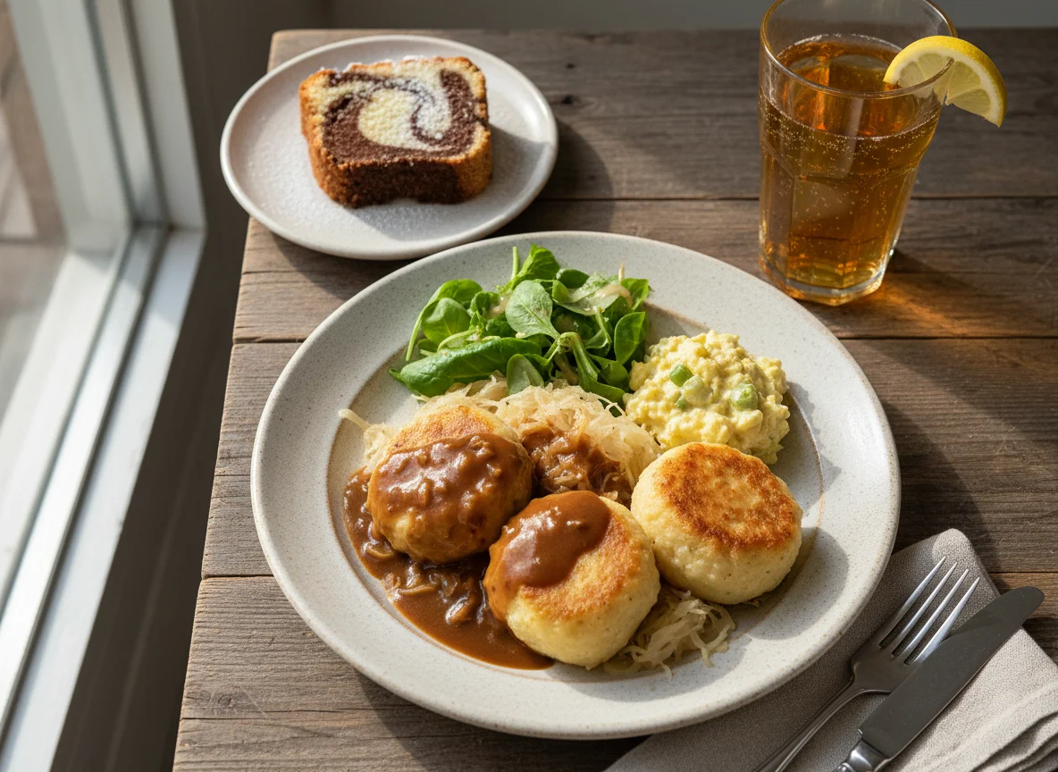 Knödel mit Sauerkraut und Soße, dazu Marmorkuchen und Apfelschorle photo