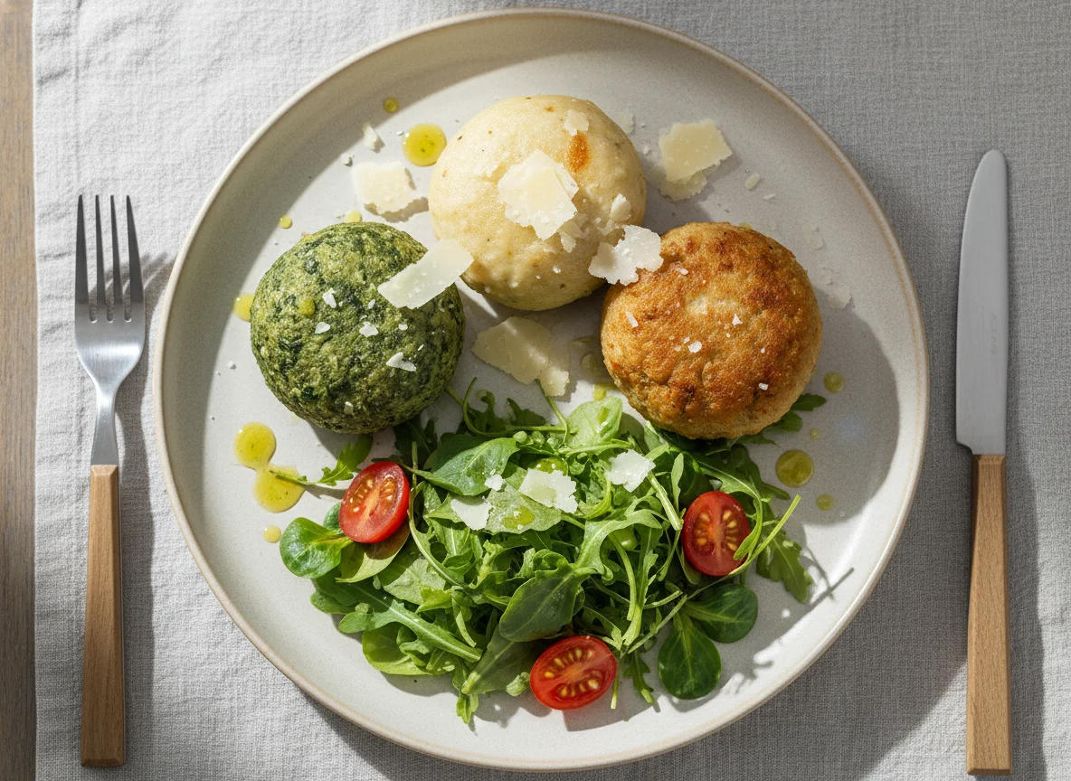Knödel-Trio mit Salat und Parmesan photo