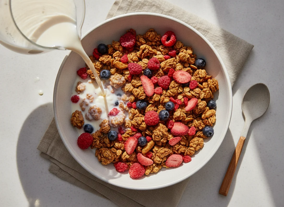 Knuspermüsli mit Beeren und Milch photo