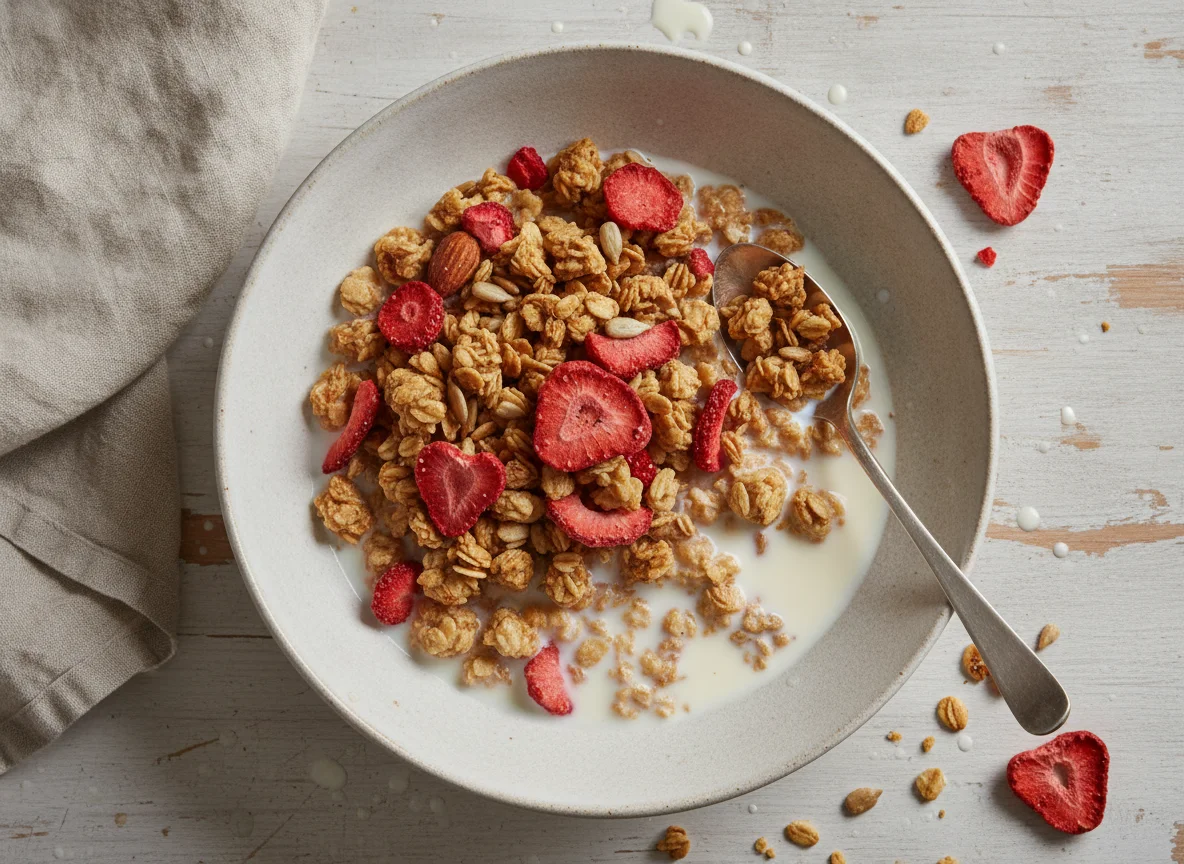 Knuspermüsli mit Erdbeeren und Milch photo