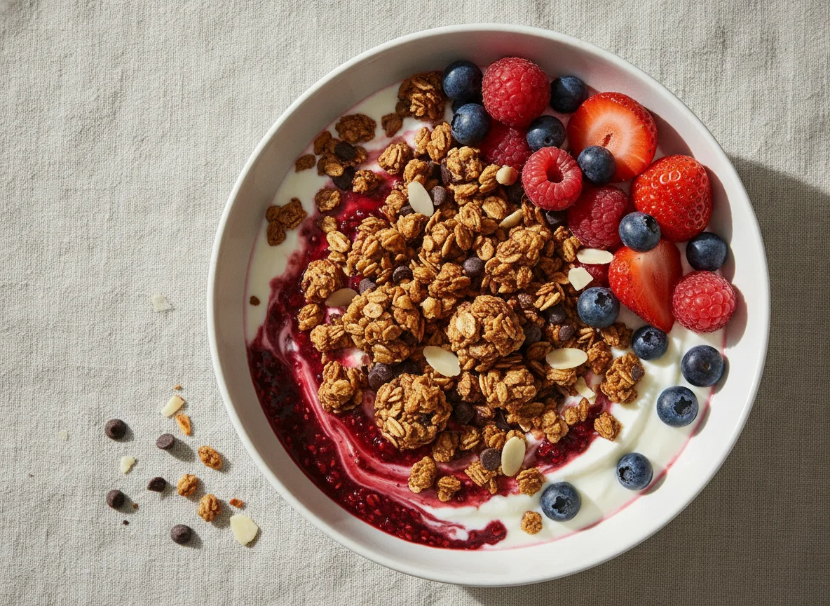 Knuspermüsli mit Joghurt und Beeren photo
