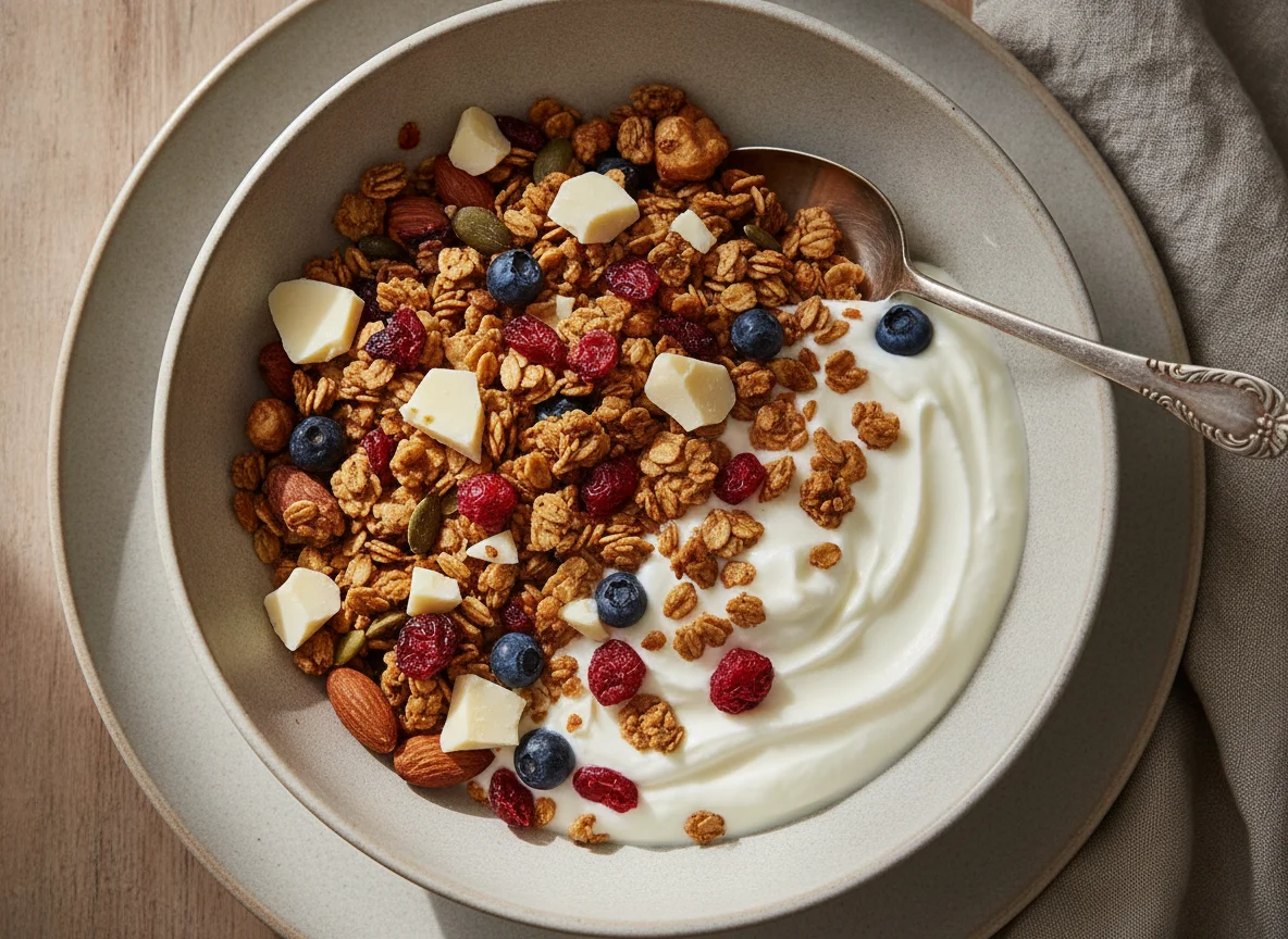 Knuspermüsli mit Joghurt und weißer Schokolade photo