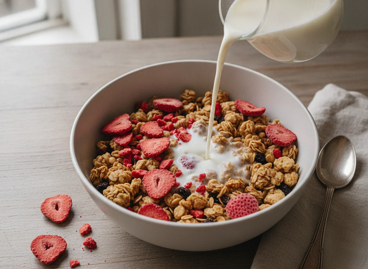 Knuspermüsli mit Milch und Beeren photo