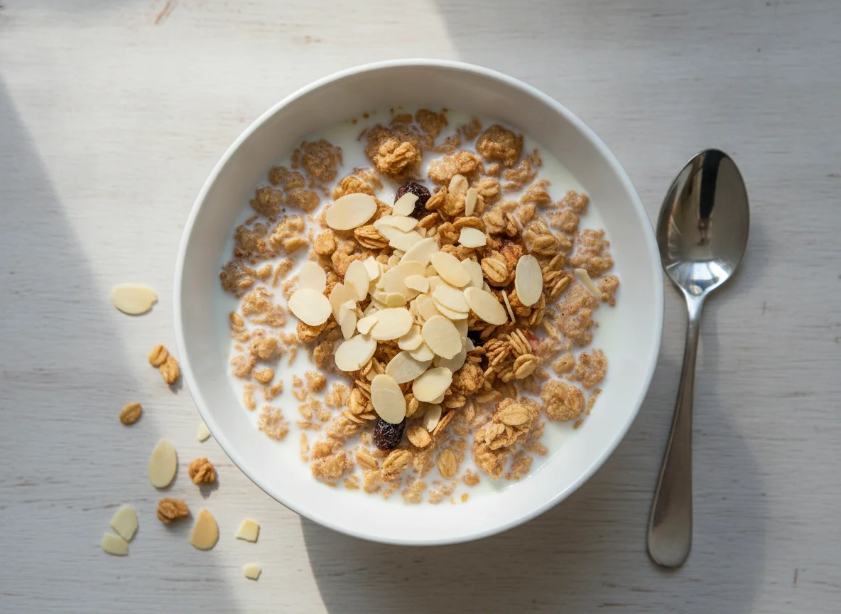 Knuspermüsli mit Milch und Mandeln photo