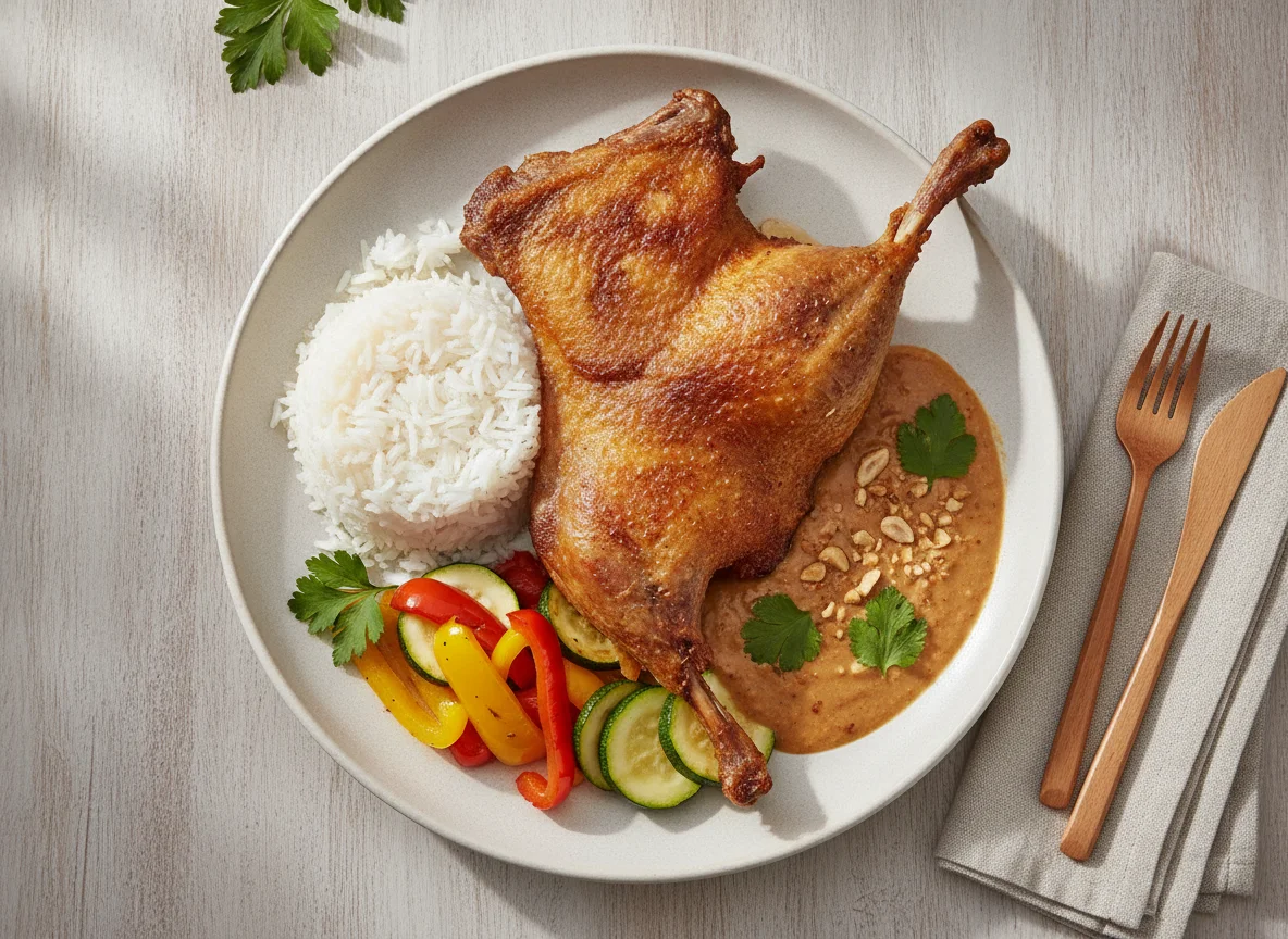 Knusprige Ente mit Erdnusssauce und Reis photo