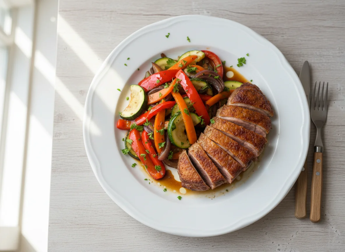 Knusprige Ente mit gebratenem Gemüse photo