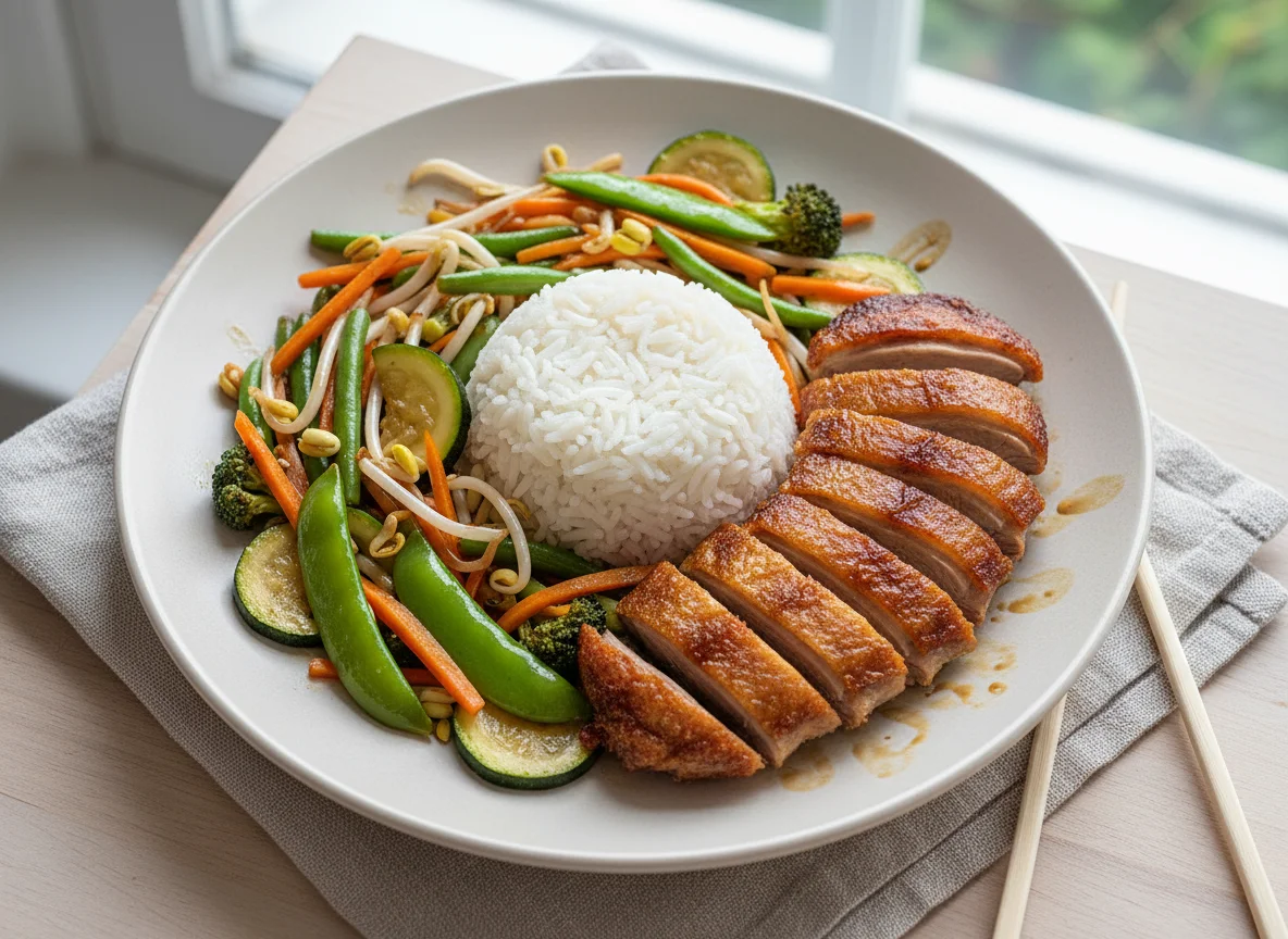 Knusprige Ente mit gebratenem Gemüse und Reis photo