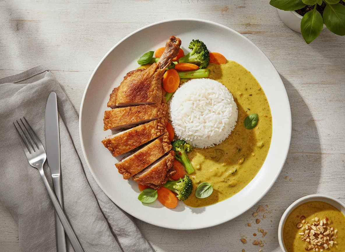 Knusprige Ente mit gelbem Curry und Reis photo