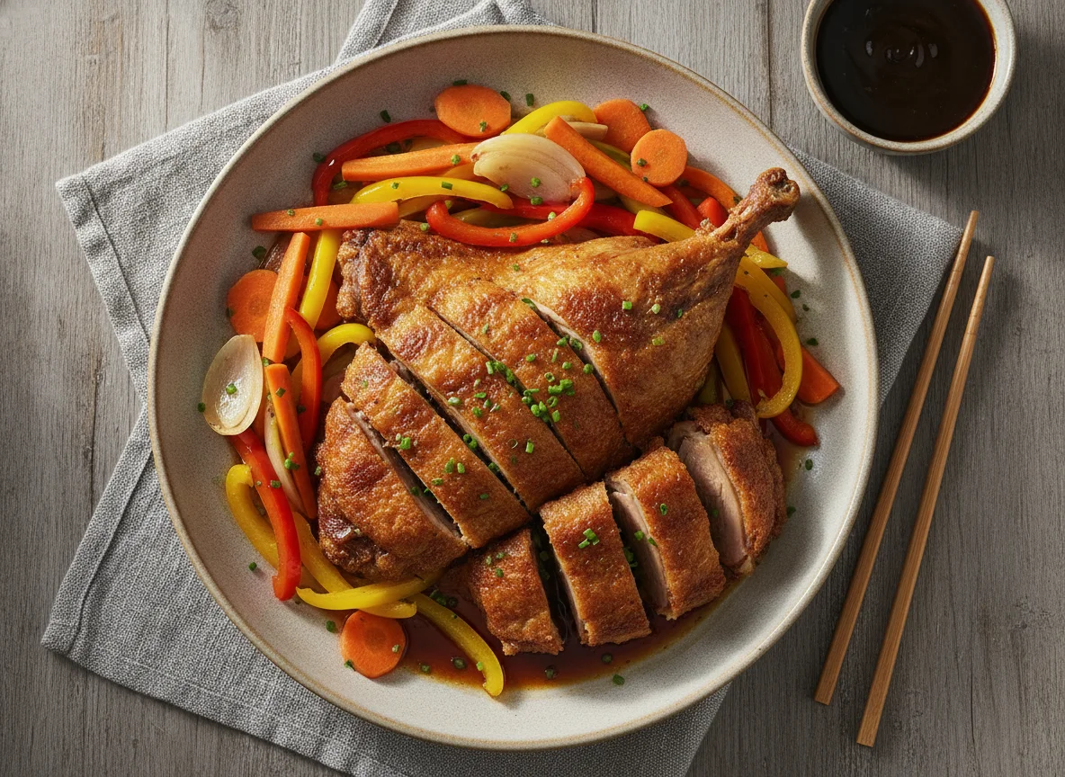 Knusprige Ente mit Gemüse und dunkler Sauce photo