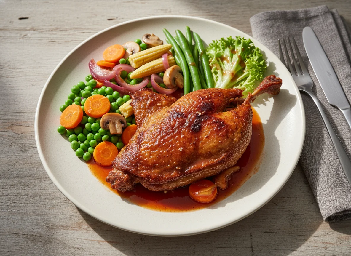 Knusprige Ente mit Gemüse und Sauce photo