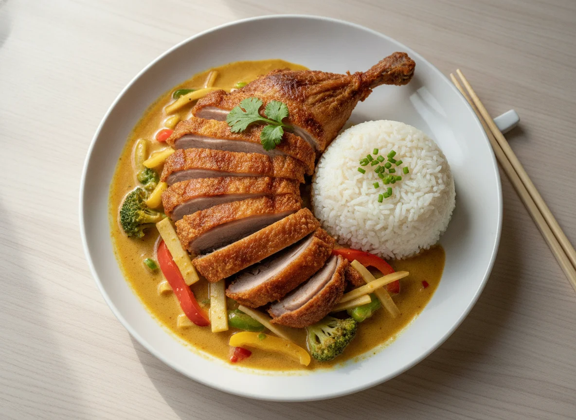 Knusprige Ente mit Kokos-Curry-Sauce und Reis photo