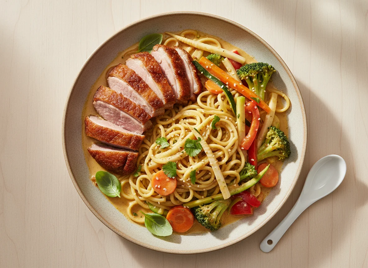 Knusprige Ente mit Nudeln und Kokos-Curry-Gemüse photo