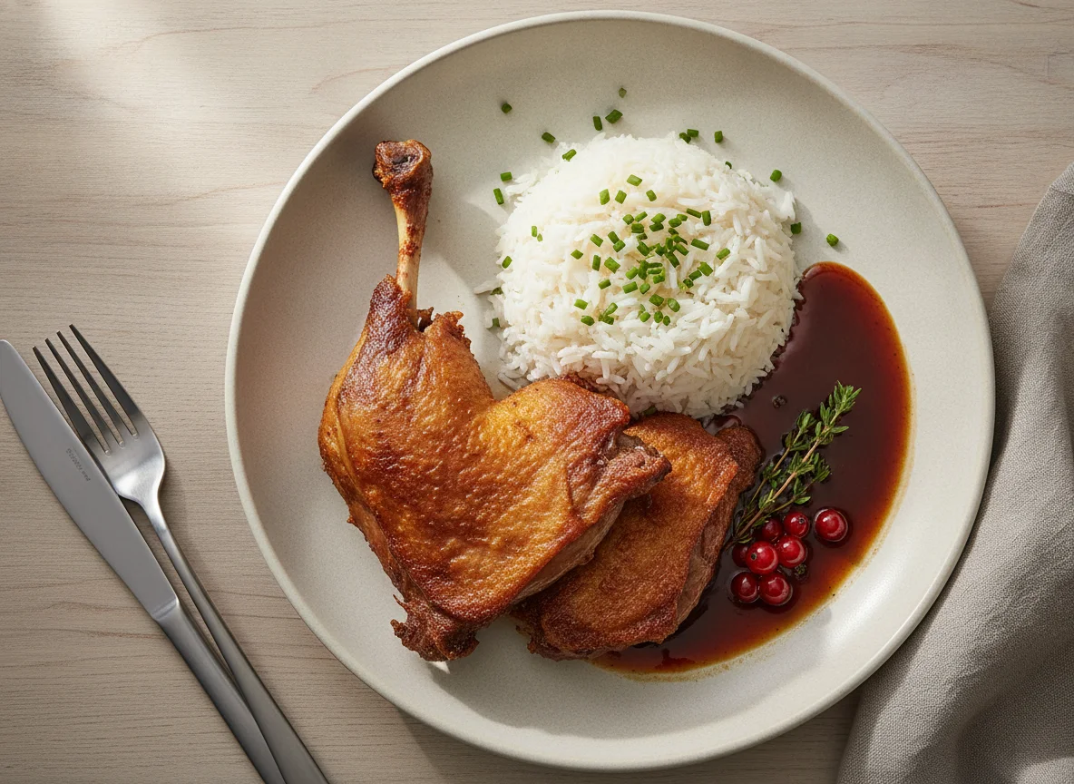Knusprige Ente mit Reis und dunkler Sauce photo