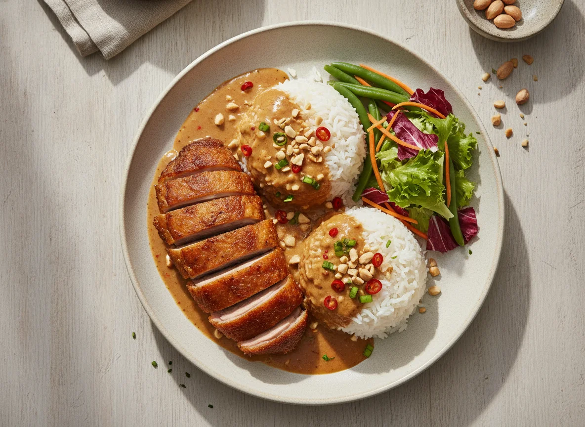 Knusprige Ente mit Reis und Erdnusssauce photo
