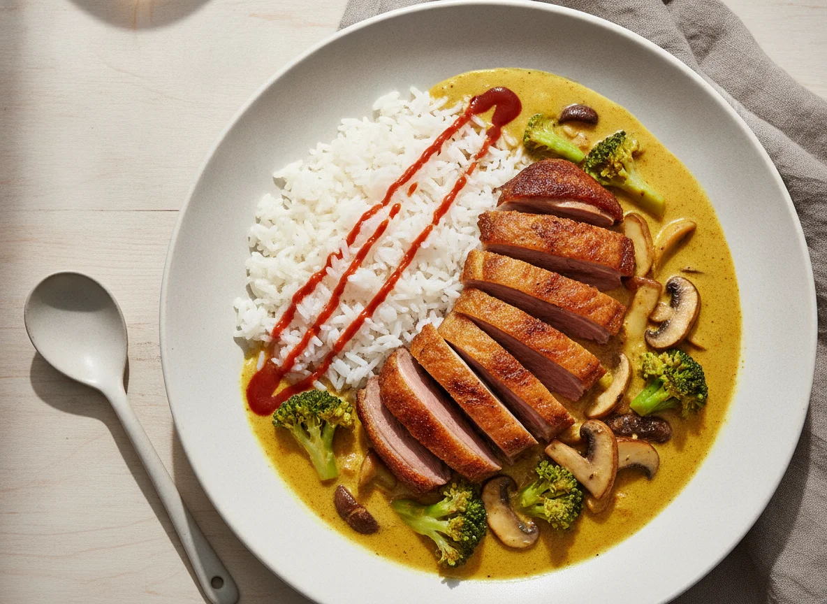 Knusprige Ente mit Reis und gelbem Curry photo