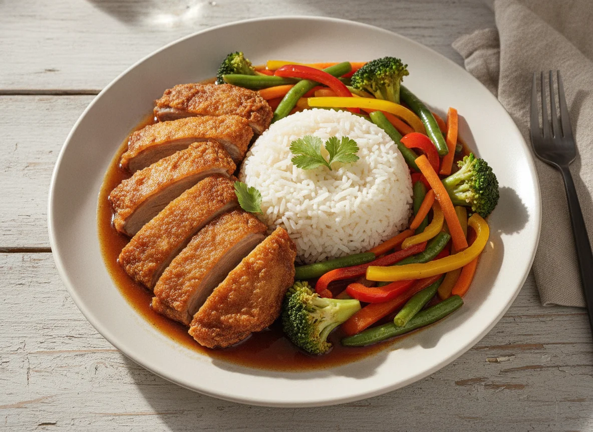 Knusprige Ente mit Reis und Gemüse in dunkler Sauce photo