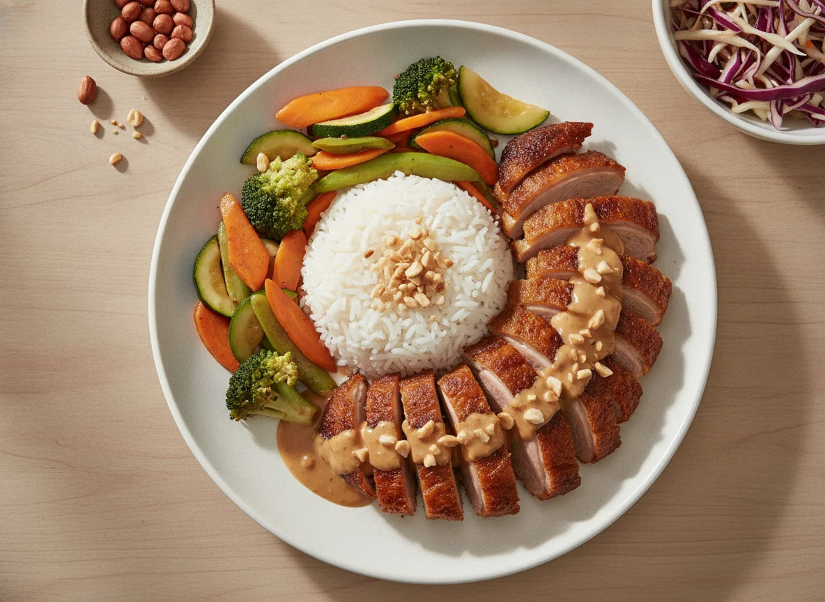 Knusprige Ente mit Reis und Gemüse in Erdnusssauce photo