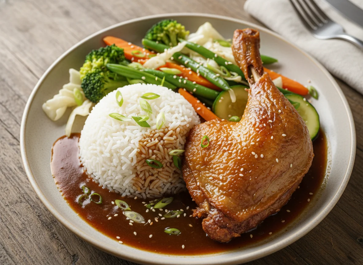 Knusprige Ente mit Reis und Gemüse in Sauce photo
