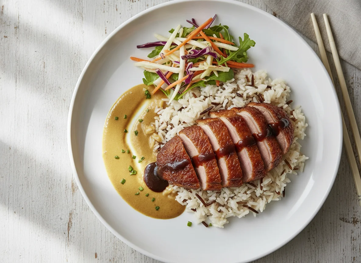 Knusprige Ente mit Reis und Kokos-Curry-Sauce photo