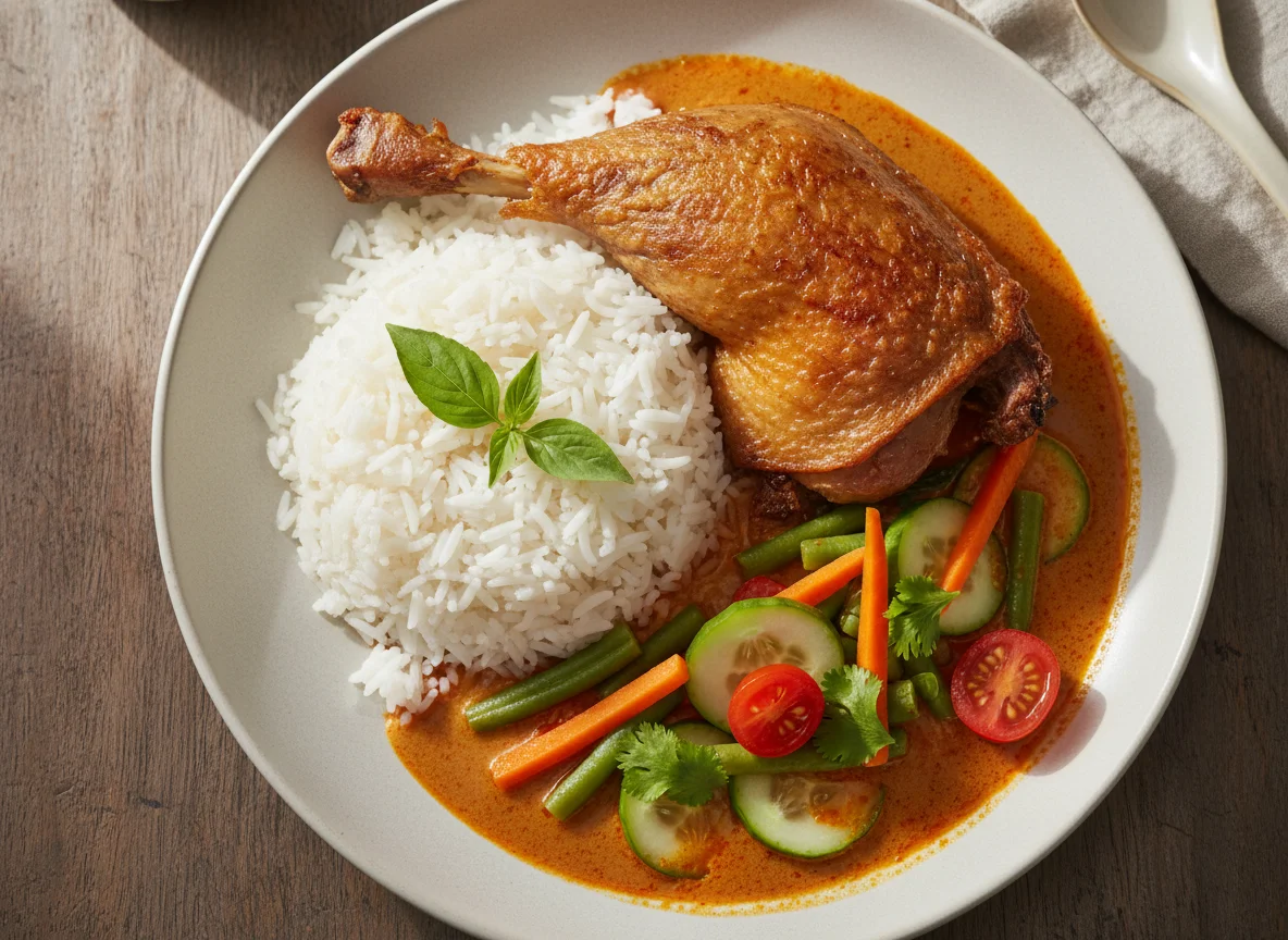 Knusprige Ente mit Reis und rotem Curry photo
