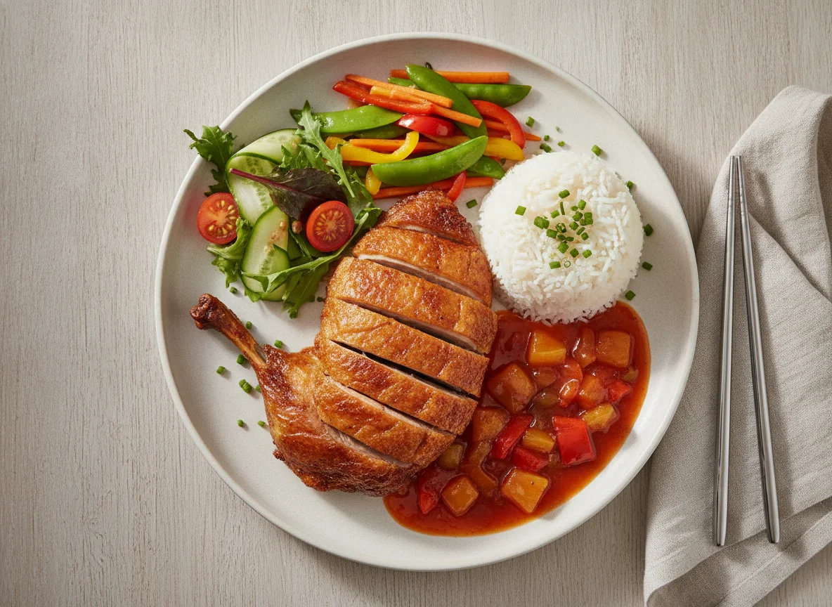 Knusprige Ente mit Reis und Süß-Sauer-Sauce photo