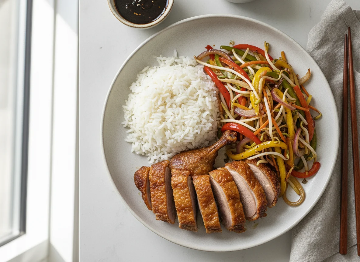 Knusprige Ente mit Reis und Wok-Gemüse photo