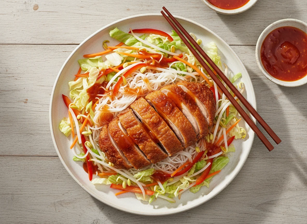 Knusprige Ente mit Reisnudeln und Gemüse photo