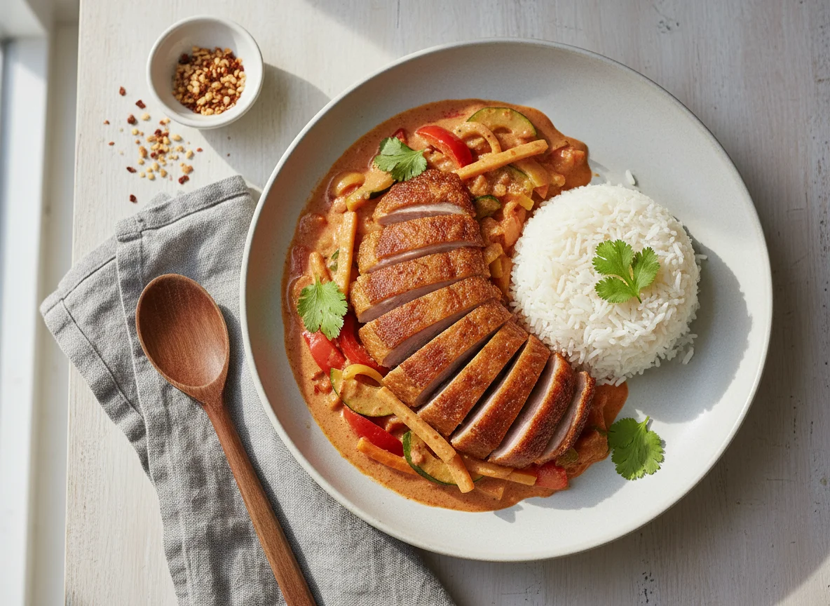 Knusprige Ente mit rotem Curry und Reis photo