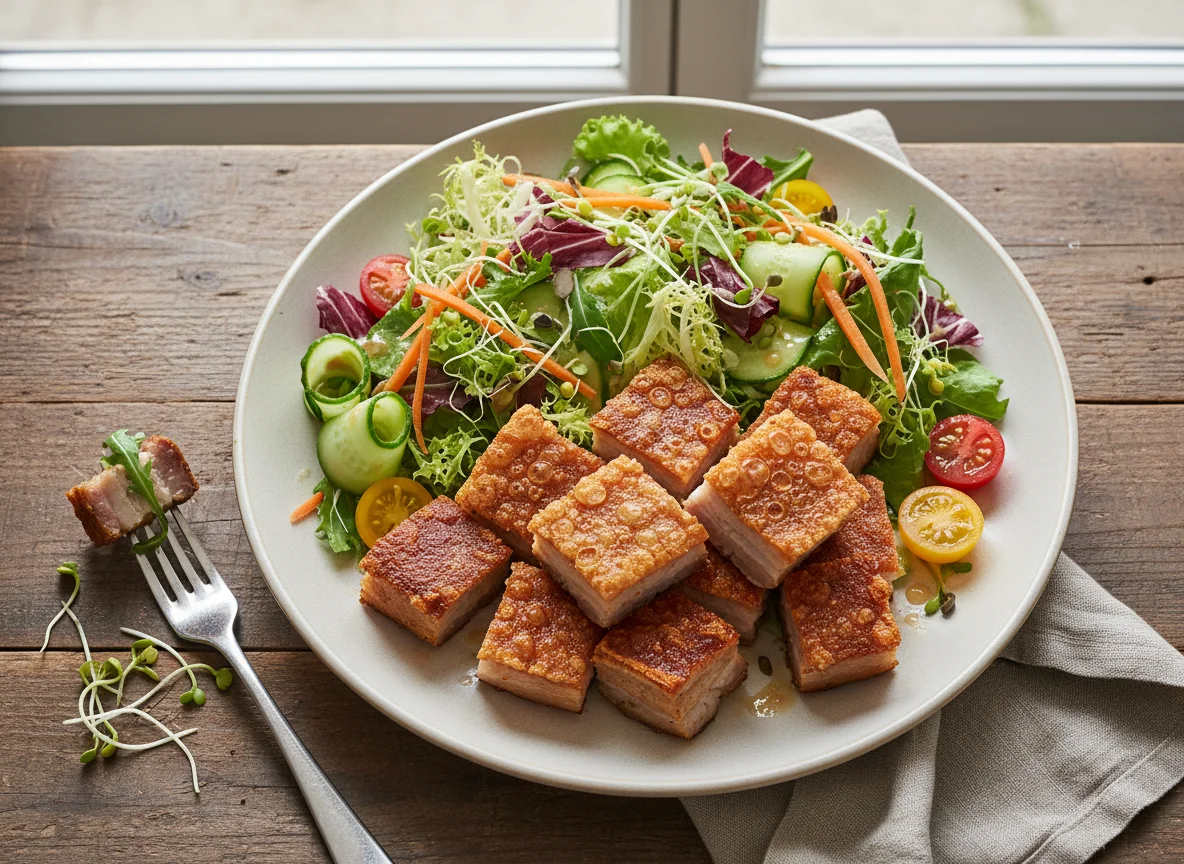Knuspriger Schweinebauch mit Salat photo
