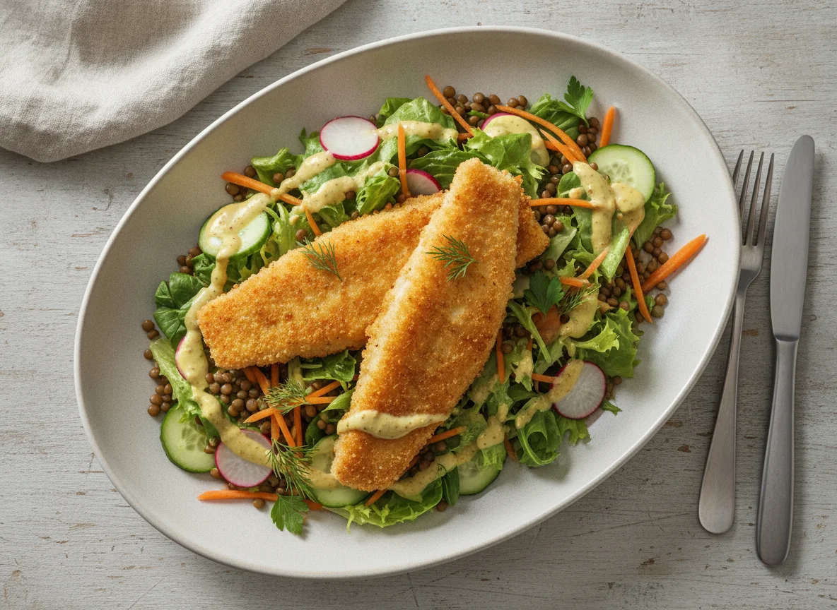 Knuspriges Fischfilet auf Salat mit Senfdressing photo