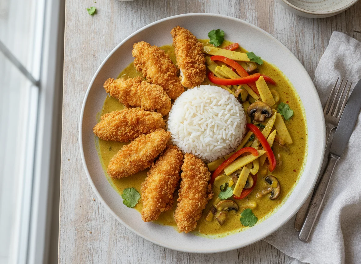 Knuspriges Hähnchen mit gelbem Curry und Reis photo