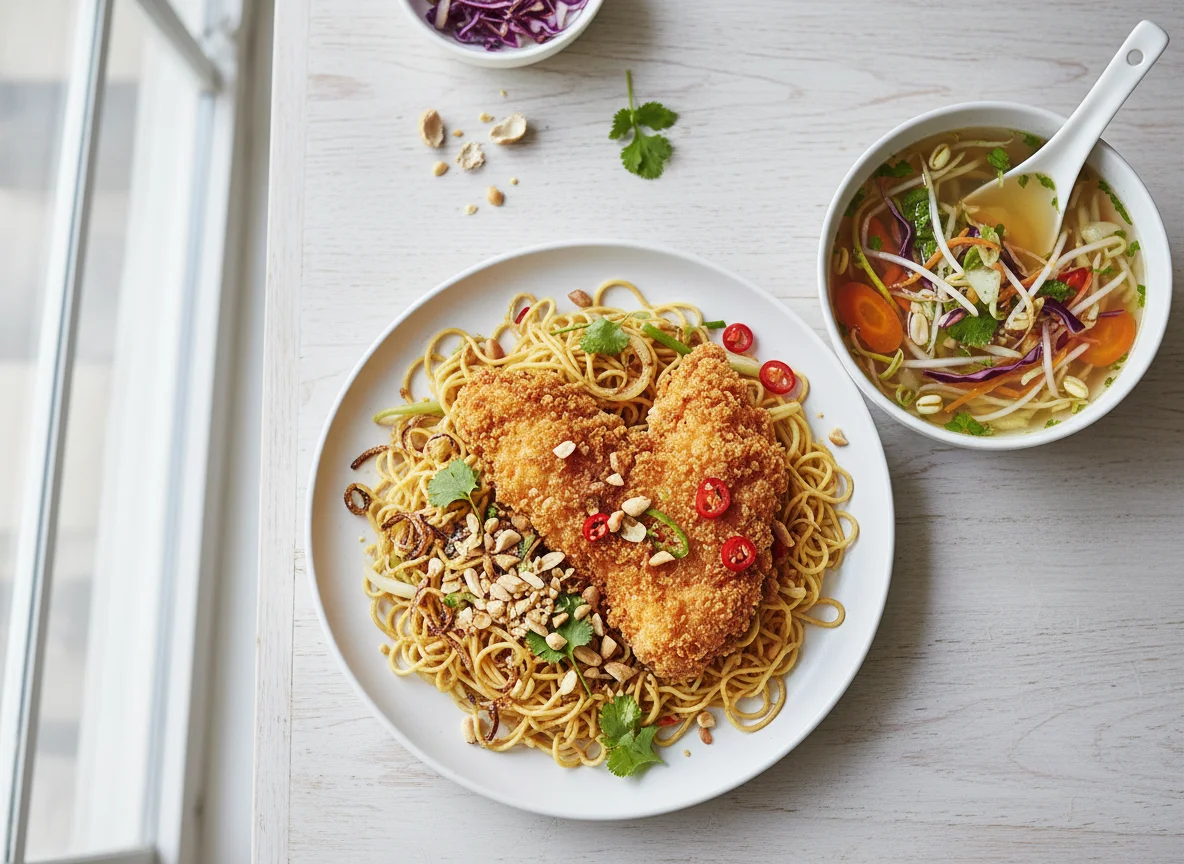 Knuspriges Hähnchen mit Nudeln und Suppe photo