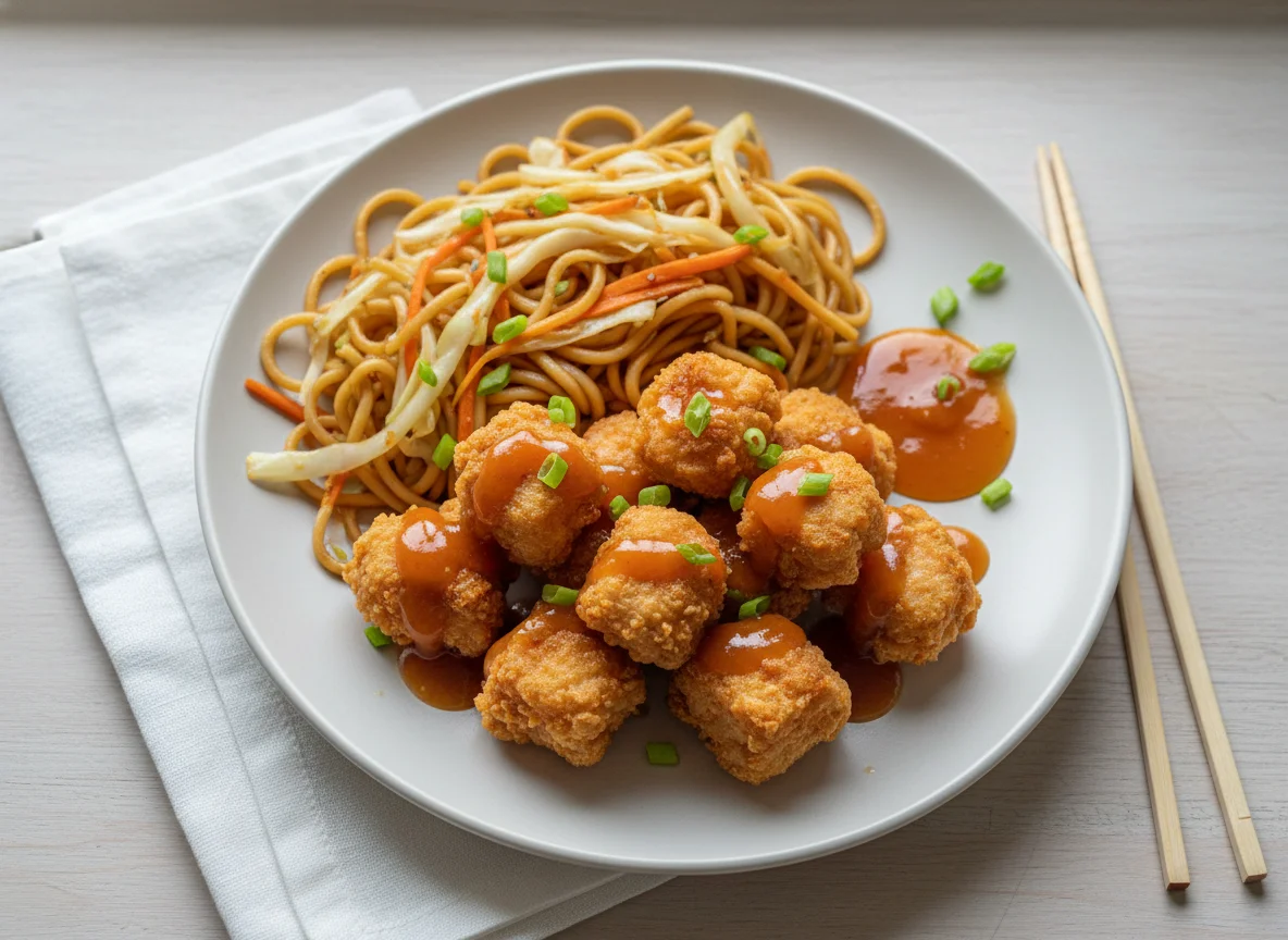Knuspriges Hähnchen mit Nudeln und süß-saurer Sauce photo