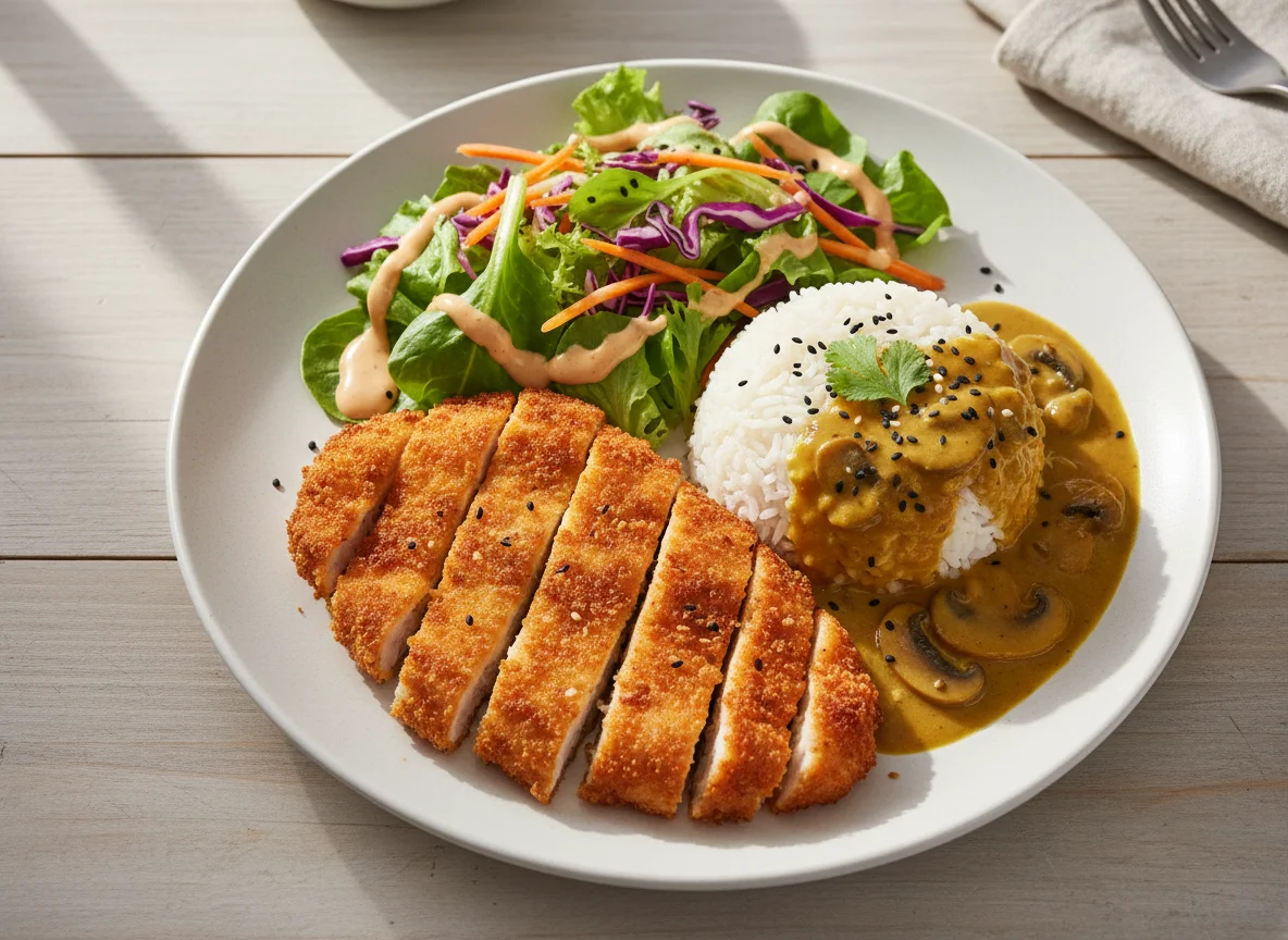 Knuspriges Hähnchen mit Reis und Currysauce photo
