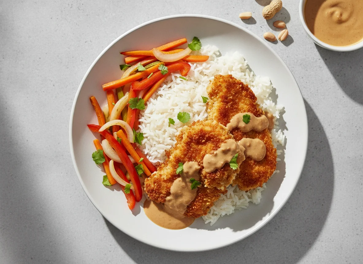 Knuspriges Hähnchen mit Reis und Erdnuss-Kokos-Sauce photo