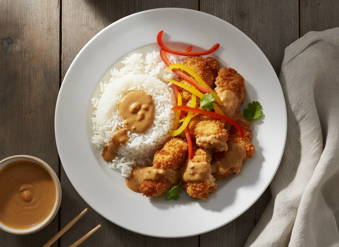 Knuspriges Hähnchen mit Reis und Erdnusssauce photo