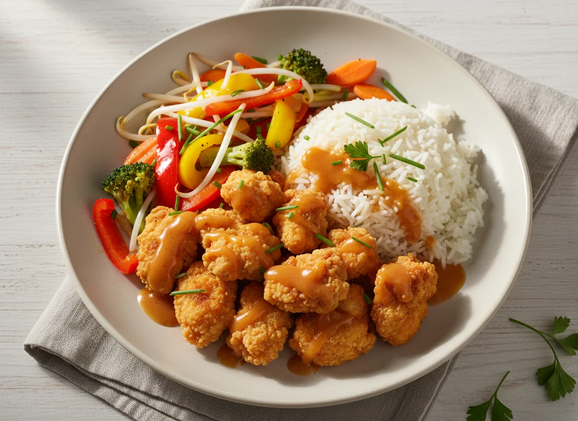 Knuspriges Hähnchen mit Reis und Gemüse photo