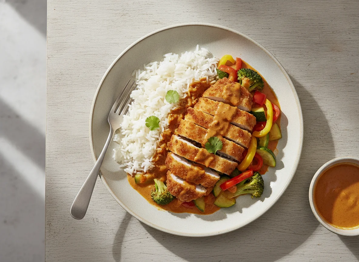 Knuspriges Hähnchen mit Reis und Gemüse in Currysauce photo