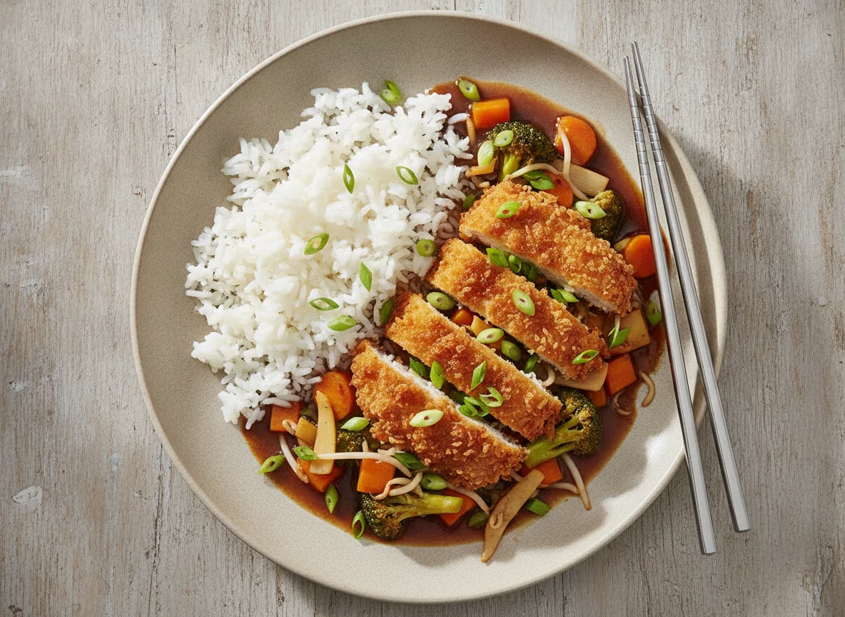 Knuspriges Hähnchen mit Reis und Gemüse in dunkler Sauce photo